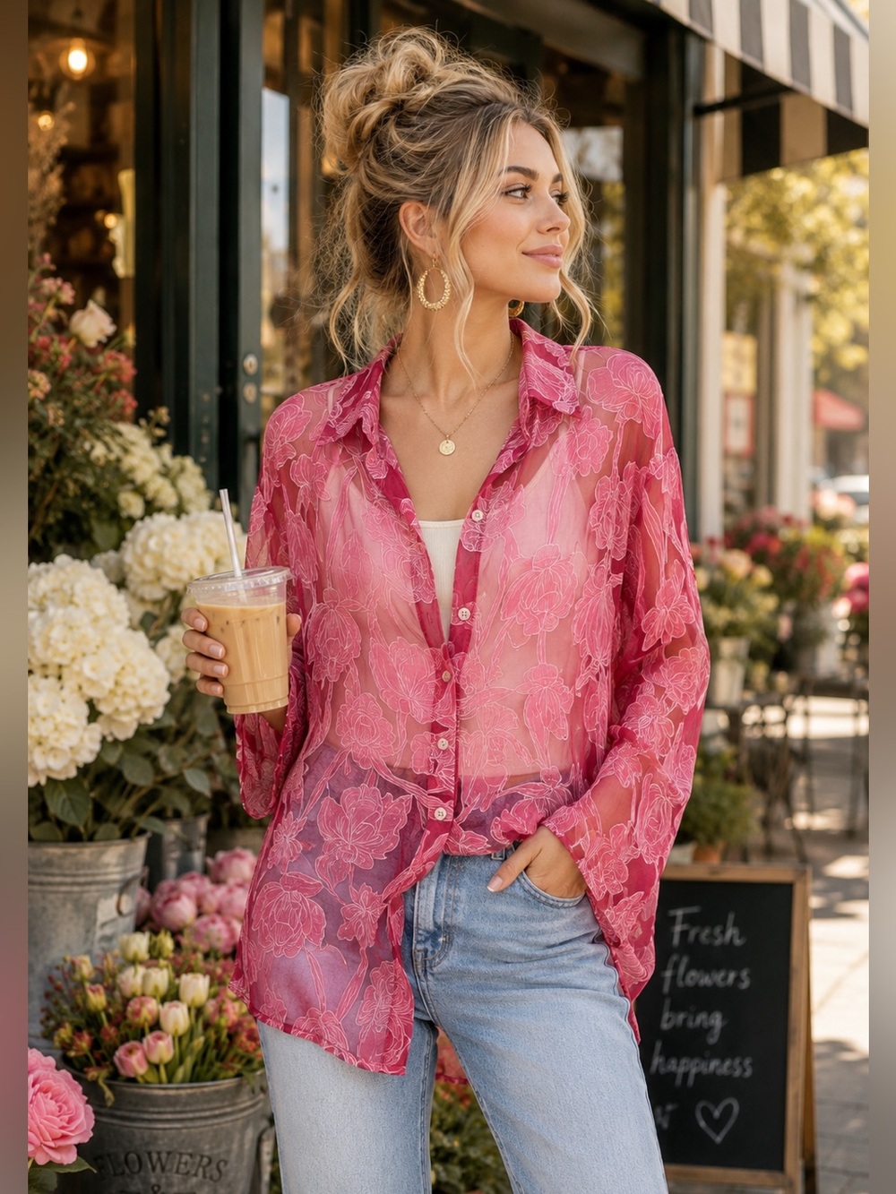 ASOS Design Pink Sheer Floral Button Front Blouse 2XL Romantic Boho Top